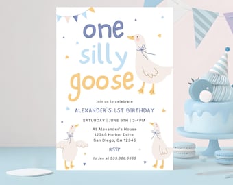 ONE Silly Goose First Birthday Invitation | Instant Download | Blue Silly Goose Boy 1st Birthday Invitation | Editable Canva Template