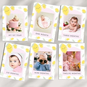 Puede incluir: Seis tarjetas de fotos con temática de limón. Cada tarjeta tiene una foto de un bebé a diferentes edades, desde un mes hasta un año. Las tarjetas están decoradas con limones amarillos y hojas verdes.
