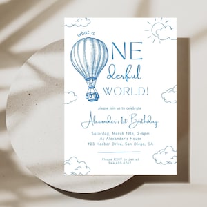 What a ONEderful World Birthday Party Invitation | Hot Air Balloon Birthday | Digital Download | Boy 1st Birthday | Editable Canva Template