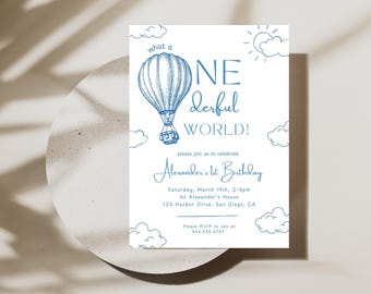 What a ONEderful World Birthday Party Invitation | Hot Air Balloon Birthday | Digital Download | Boy 1st Birthday | Editable Canva Template