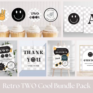 May include: Retro-themed printable party decorations for a second birthday. The set includes a welcome sign, invitation, thank you card, custom sign, and cupcake toppers with a smiley face, peace sign, and the text "Two Cool".