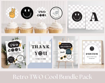 May include: Retro-themed printable party decorations for a second birthday. The set includes a welcome sign, invitation, thank you card, custom sign, and cupcake toppers with a smiley face, peace sign, and the text "Two Cool".