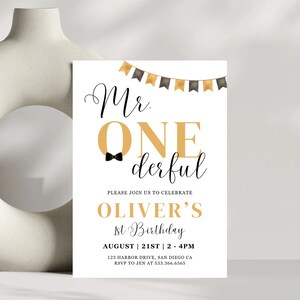 Mr ONEderful 1st Birthday Party Invitation | Boy Bowtie 1st Birthday Party | Digital Download | Editable Canva Template | Black Gold Party