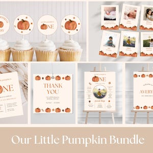 Pumpkin First Birthday Party Bundle | Digital Download | Autumn Themed Birthday | Our Little Pumpkin Party Pack | Editable Canva Template