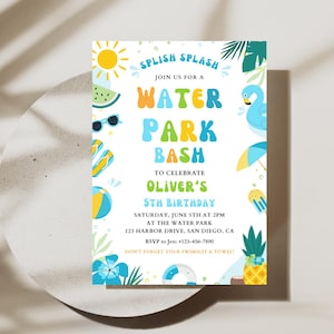 May include: A colorful invitation for a water park birthday party. The design features the text "Splish Splash" and "Water Park Bash" in playful fonts, along with illustrations of a sun, watermelon, sunglasses, and a flamingo.