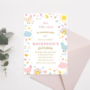 Editable Little Chick Birthday Party Invitation | Instant Download | Chicken 1st Birthday Party | Pink Farm Barnyard Invite | Canva Template