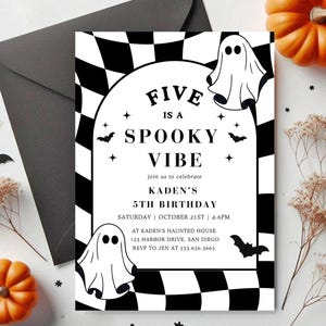 Five is a Spooky Vibe Halloween Ghost Party Invitation | Digital Download | Retro Ghost 5th Birthday Invite | Editable Canva Template