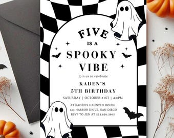 May include: A rectangular birthday invitation card featuring a black and white checkered border, two white ghost illustrations, and small black bats. The text reads: FIVE IS A SPOOKY VIBE, join us to celebrate KADEN'S 5TH BIRTHDAY, SATURDAY | OCTOBER 21ST | 4-6PM, AT KADEN'S HAUNTED HOUSE 123 HARBOR DRIVE, SAN DIEGO, RSVP TO JEN AT 533.656.3665.