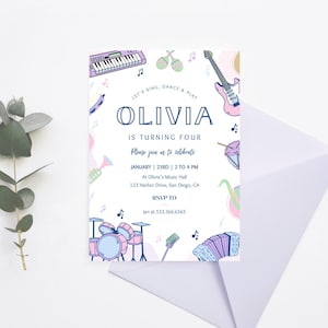 May include: A white invitation card featuring the text "OLIVIA IS TURNING FOUR" and musical illustrations. The card includes event details: date, time, location, and an RSVP contact. The design is playful.