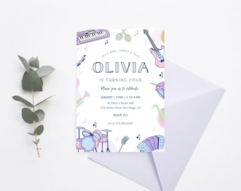 Music Birthday Party Invitation | Instant Download | Musical Instruments Party Invite | Editable Canva Template | Girl Sing and Dance Party
