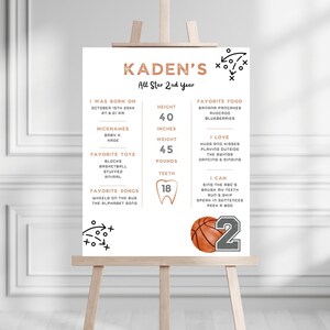 May include: A white milestone birthday sign for Kaden's All Star 2nd Year featuring copper and black text. It lists birth details, height of 40 inches, weight of 45 pounds, 18 teeth, favorite foods, songs, and activities, with a basketball and number 2.