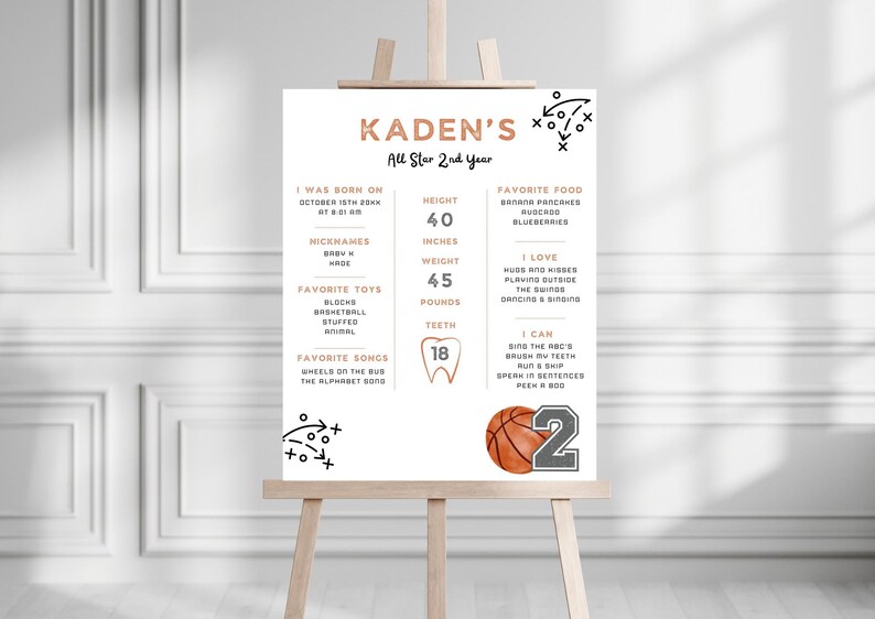 May include: A white milestone birthday sign for Kaden's All Star 2nd Year featuring copper and black text. It lists birth details, height of 40 inches, weight of 45 pounds, 18 teeth, favorite foods, songs, and activities, with a basketball and number 2.