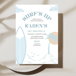 Surf&#39;s Up 1st Birthday Party Invitation | Instant Download | Modern Checkered Surfboard Beach Party Invitation | Editable Canva Template