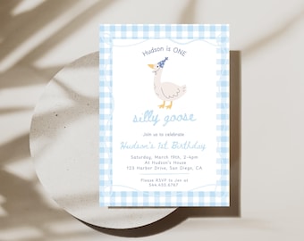 ONE Silly Goose eerste verjaardagsuitnodiging | Direct downloaden | Verjaardag jongen Blue Silly Goose | Bewerkbare canvassjabloon | Feestje met boerderijdieren