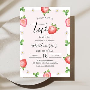 Two Sweet Strawberry Birthday Party Invitation | Instant Download | Pink Strawberry Girl Berry 2nd Birthday Invite | Editable Canva Template