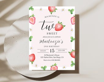 Zwei süße Erdbeer-Geburtstags-Party Einladung Sofortdownload | Rosa Erdbeermädchen Beere 2.Geburtstag einladen | Bearbeitbare Canva Vorlage