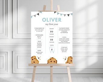 May include: A baby's first year celebration sign on an easel, with the name "OLIVER" in blue. The sign includes details like height (76 cm), weight (10 kg), and favorite foods. Cookie illustrations are at the bottom of the sign.