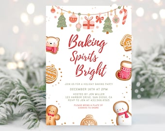 Baking Spirits Bright Holiday Party Invitation, Digital Download, Holiday Cookie Baking Decorating Party Invitation, Editable Canva Template