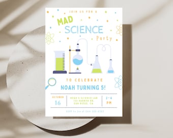 May include: A Mad Science party invitation with a cartoon illustration of beakers and flasks. The invitation is for Noah's 5th birthday party, to be held on October 16th from 2-4 PM at Noah & Science Lab, 123 Marbor Do, San Diego, CA.