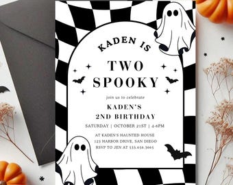 Zaproszenie na przyjęcie urodzinowe z dwoma upiornymi duchami na Halloween | Pobieranie cyfrowe | Zaproszenie na drugie urodziny w stylu retro z duchem | Edytowalny szablon Canva