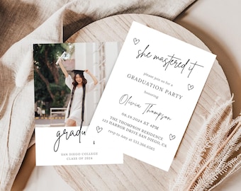 She Mastered It Graduation Party Invitation 2026 | Editable Canva Template | Printable College Graduation Announcement | Instant Download