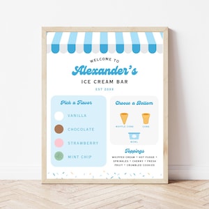Eis Bar Menü Party Schild | Sofortdownload | Geburtstagsparty Dekor Sommer | Bearbeitbare Vorlage | Blaue Eiscreme-Speisekarte zum Ausdrucken