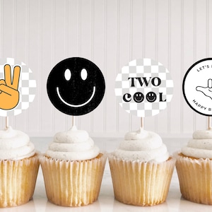 Retro TWO Cool Party Cupcake Toppers | Digital Download | Boy 2nd Birthday | TWO Cool Smiley Face Party | Printable Party Decor | Rad Party
