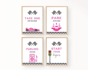 Pink Race Car Birthday Party Signs | Race Car Themed Party Decor | Instant Download | Editable Racing Party Favor Sign, Start Your Engines