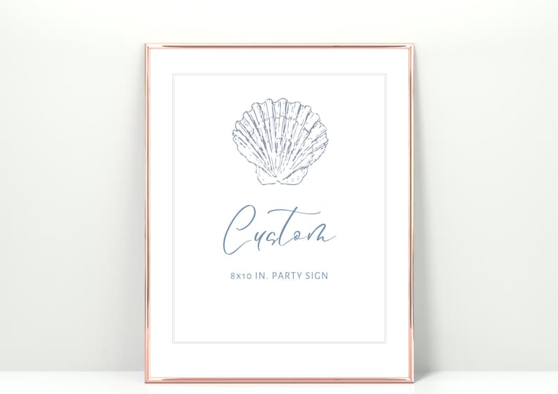 K&ouml;nnte beinhalten: Ein druckbares Partyschild im Format 20,3 x 25,4 cm mit einer blauen Muschelillustration und dem Text "Custom".