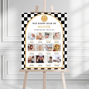 Tableau modifiable pour la première année ONE Happy Dude | Téléchargement numérique | Affiche mensuelle de photo d'anniversaire de garçon souriant | Panneau photo jalon rétro