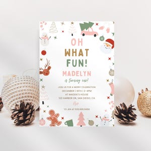 Oh What Fun Birthday Party Invitation | Digital Download | Festive Pink Christmas Girl 1st Birthday Invitation | Editable Canva Template