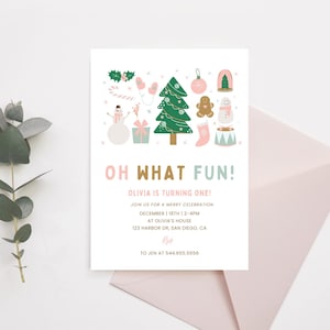 Oh What Fun To Be One Birthday Party Invitation | Digital Download | Festive Christmas Girl 1st Birthday Invite | Editable Canva Template