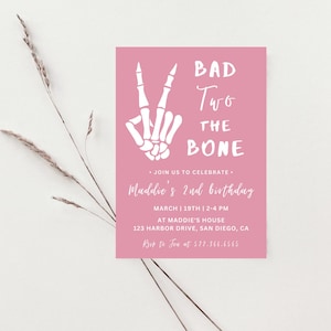 Bad TWO The Bone 2nd Birthday Party Invitation | Instant Download | Skeleton Peace Hand Invitation | Editable Template | Girl 2nd Birthday