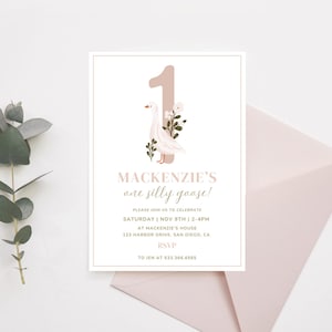ONE Silly Goose First Birthday Invitation | Instant Download | Silly Goose Girl 1st Birthday | Editable Canva Template | Farm Animal Party
