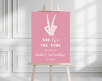 Letrero de bienvenida para fiesta de segundo cumpleaños de Bad TWO The Bone / Descarga instantánea / Letrero de fiesta de mano de paz de esqueleto / Plantilla editable / Segundo cumpleaños de niña