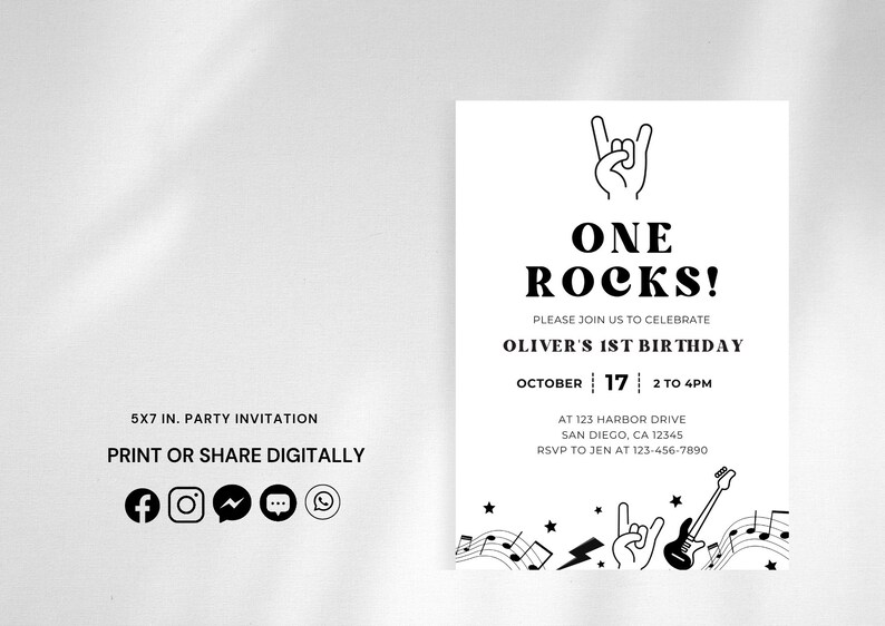 One Rocks First Birthday ONE Rocks Birthday Party Invitation | Instant Download | Rock and Roll ...