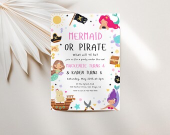 Uitnodiging voor een gezamenlijk verjaardagsfeest met zeemeermin of piraat thema | Bewerkbare uitnodiging voor een zeemeermin- en piratenfeest | Direct te downloaden | Verjaardagsfeest voor broer/zus (jongen/meisje)