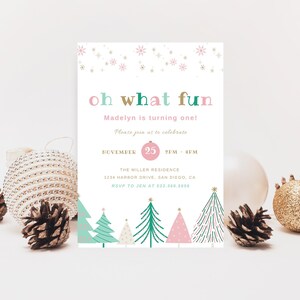 Pink Christmas Tree Birthday Invitation | Digital Download | Oh What Fun Winter 1st Birthday Party Invitation | Editable Canva Template