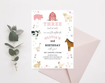 Three I-E-I-O Farm Birthday Party Invitation | Digital Download | 3rd Birthday Farm Animal Theme | Editable Template | Pink Barnyard Party