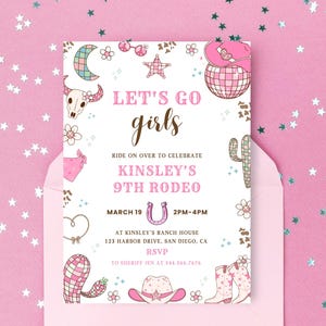 Let&#39;s Go Girls Birthday Invitation | Pink Western Cowgirl Rodeo Party Invite | Editable Canva Template | Disco Cowgirl Birthday Invitation