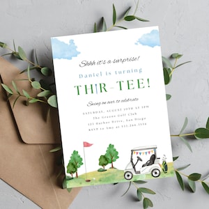 Invitación para fiesta de cumpleaños de golf THIR-TEE / Descarga instantánea / Invitación sorpresa de golf para el 30.º cumpleaños / Imprimir o enviar texto / Cumpleaños con temática de golf