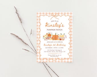 May include: A fall-themed invitation with a gingham border. The text reads "Join us at Kinsley's Pumpkin Patch" and announces a first birthday celebration. Includes illustrations of pumpkins and fall foliage. RSVP details are provided.