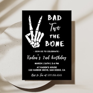 Bad TWO The Bone 2nd Birthday Party Invitation | Instant Download | Skeleton Peace Hand Invitation | Editable Template | 2nd Birthday Party