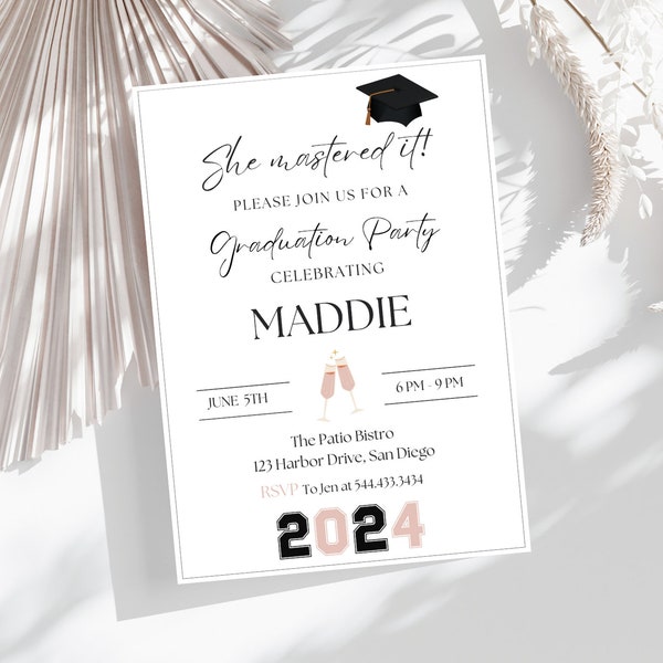 She Mastered It Graduation Party Invitation | Editable Template | Printable School Graduation Invite | Instant Download | Class of 2024