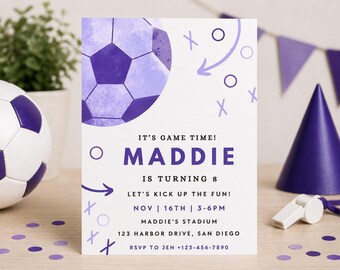 May include: A rectangular birthday invitation card with a white background featuring a large purple soccer ball graphic, purple arrows, and X and O symbols. The text reads: IT'S GAME TIME! MADDIE IS TURNING 8. LET'S KICK UP THE FUN! NOV 16TH 3-6PM MADDIE'S STADIUM 123 HARBOR DRIVE, SAN DIEGO RSVP TO JEN +123-456-7890.