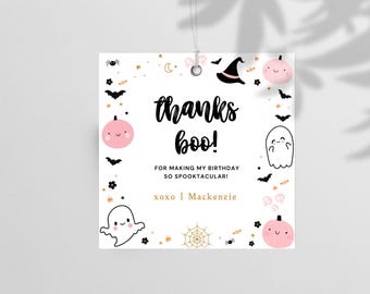 Etykiety na upominki na przyjęcie urodzinowe z okazji Halloween | Pobieranie cyfrowe | Etykiety na upominki z motywem upiornej dziewczyny z duchem Hey Boo | Edytowalny szablon Canva