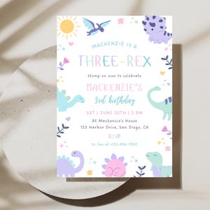 Pastel THREE-Rex Birthday Invitation | Digital Download | Girl 3rd Birthday | Dinosaur Themed Party Invitation | Editable Canva Template