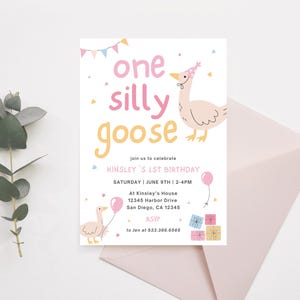 ONE Silly Goose First Birthday Invitation | Instant Download | Silly Goose Girl 1st Birthday | Editable Canva Template | Farm Animal Party