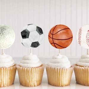スポーツ誕生日パーティーカップケーキトッパー | スポーツテーマパーティー | 即時ダウンロード | 印刷可能なパーティーデコレーション | 男の子の誕生日 | オールスターケーキトッパー