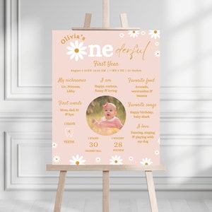 Daisy ONEderful Birthday Party Milestone Board / Download immediato / Decorazione per feste Boho Daisies Girl / Modello modificabile / Cartello per feste Daisy
